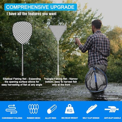 LBW Collapsible Fishing Net with Handle, Folding Kayak Net for Freshwater or Saltwater, Trout Catfish Bass Compact Rubber Landing Net - Image 6