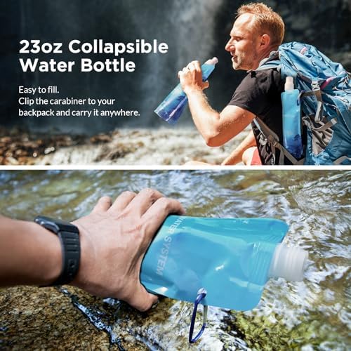 Membrane Solutions Collapsible 23oz Water Bottle with Filter Straw, Reusable Pouch and Carabiner, Foldable Water Container for Hiking, Camping, Travel, Emergency - Image 4