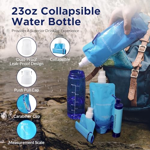 Membrane Solutions Collapsible 23oz Water Bottle with Filter Straw, Reusable Pouch and Carabiner, Foldable Water Container for Hiking, Camping, Travel, Emergency - Image 5